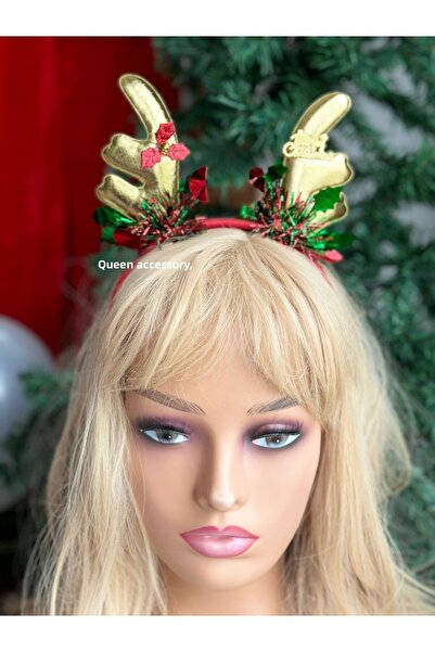 QUEEN AKSESUAR Coroană de lux importată pentru Crăciun, cu scrisul Merry Christmas, cu paiete, cu coarne de cerb, coroană de petrecere, aurie
