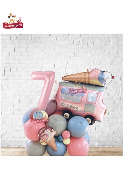 Bkmc Camion mare cu înghețată roz, 7 ani, folie, stivă de baloane foarte dulc...