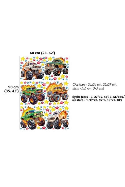 KT Decor Monster Cars Boy's Room Wall Sticker Set