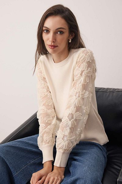 Trendyol Collection Ecru Tulle Garnished Sleeve Detailed Knitwear Sweater Twoaw26Kz00164