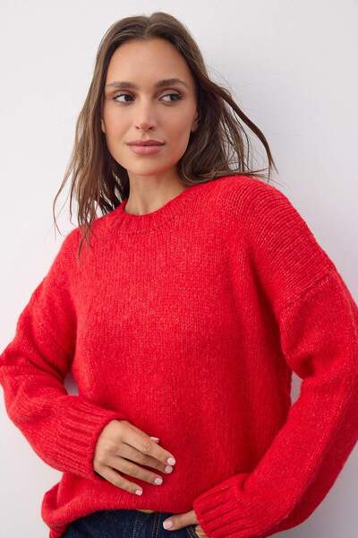 Trendyol Collection Wardrobe Essentials Red Soft Textured Wide Fit Basic Knitwear Sweater |   Twoaw26Kz000730