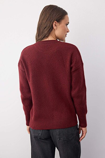 Trendyol Collection Wardrobe Essentials Pulover din tricot cu model larg, din lână burgundă, din fire premium | TWOAW26KZ00065