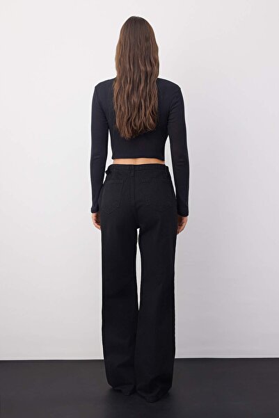 Trendyol Collection Wardrobe Essentials Black High Waist Bird Eye Detailed Belted Wide Leg Palazzo Jeans Twoaw26Je00098