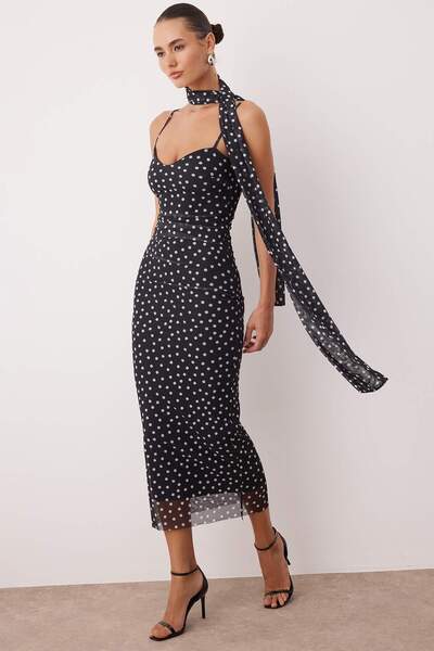 Trendyol Collection Black-White Polka Dot Patterned Scarf Detail Tulle Maxi Knitted Dress Tprss25El00314