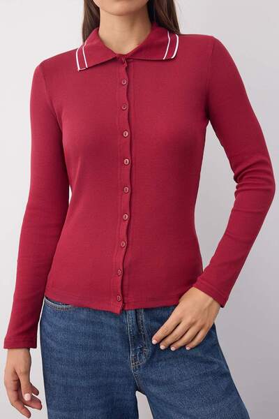 Trendyol Collection Wardrobe Essentials – Burgundy Piping Detailed Buttoned Slim/Fitted Knitted Blouse |   Twoaw26Bz000100