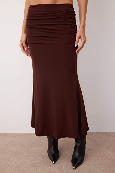 Trendyol Collection Brown Gathered/Drape Detailed Maxi Stretchy Knitted Skirt Twoaw26Et00066