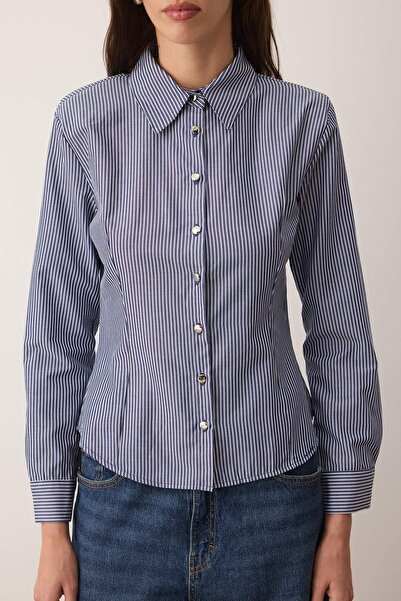 Trendyol Collection Sötétkék-fehér csíkos ezüst gombos részlettel ellátott, derékra illeszkedő, párnázott ing TWOAW26GO00064