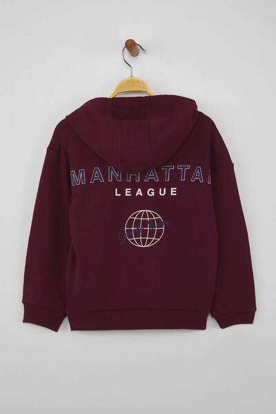 TRENDYOLKIDS Burgundy Cotton Slogan Printed Hooded Oversize Knitted Unisex Children's Sweatshirt Tkdaw26Sw00010