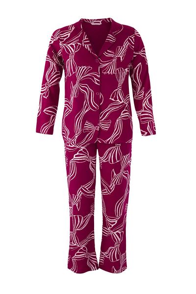 Trendyol Curve Cherry Shirt Collar Ribbon/Bow Pattern Woven Pajamas Set Tbbaw25Ai00007