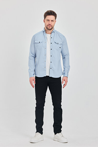 YXC Men's Shirt Cotton Slim Fit Long Sleeve Light Blue Men's Shirt with Pockets