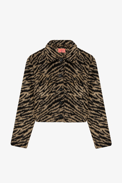 Quzu Tiger Patterned Pocket Detailed Short Cashmere Jacket Black