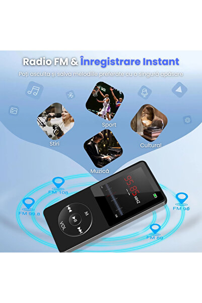 Vala Tech Player MP3/MP4 Vala Tech, 64G, Bluetooth 5.0, Ecran TFT 1.8", Baterie 30H, Negru