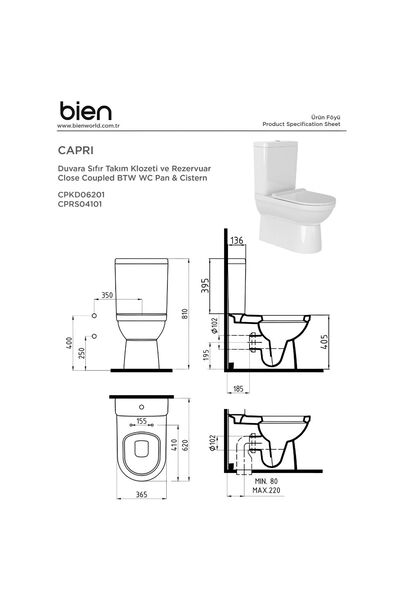 Bien Capri Beyaz Duvara Sıfır Klozet Takımı, Capri Rico Monoslim Yavaş Kapak