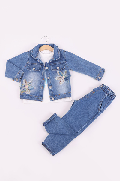 Pollito Girl's Denim Jacket 3-Piece Set