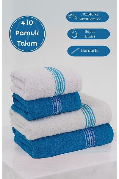 Acacia Set de 4 prosop de baie din bumbac - Elvin 70x140cm X2 / 50x90cm X2 Turcoaz Alb