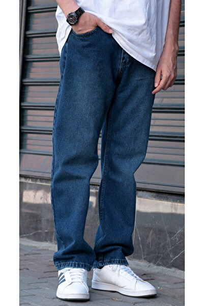 green poll Erkek Mavi Baggy Bol Kesim Pantolon Yıkamalı Şık ve Modern
