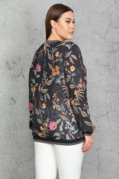 Şans Kadın Büyük Beden Siyah Sim Ribana Detaylı Şifon Bluz 65n30255