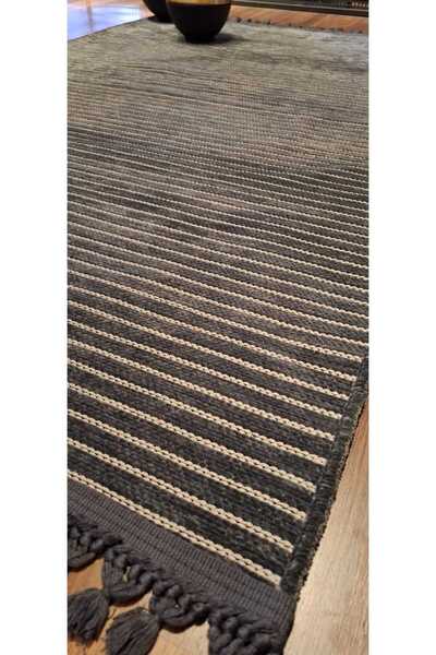 New Color Çizgili Dokuma Şönil Kaymaz Taban Pamuk Yıkanabilir Salon Halısı Yo...