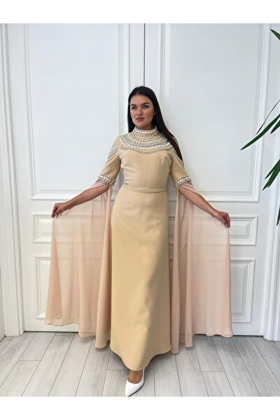 White Corner 3048 İNCİ DETAYLI KLOŞ ELBİSE