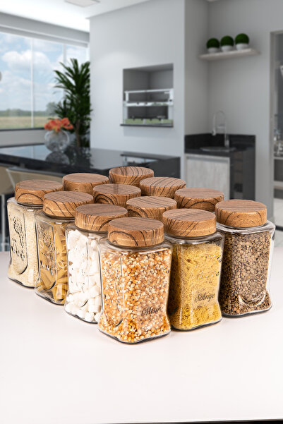 Lizzy 12 Li Etiket Hediyeli 1000 ml Kapaklı Kare Cam Kavanoz Erzak Saklama Düzenleme Kabı