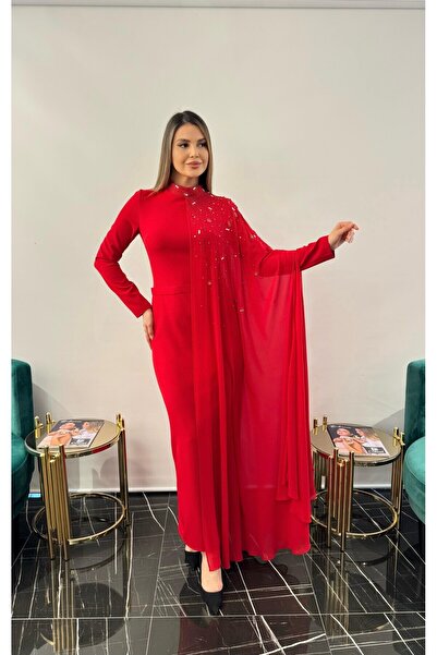 White Corner 3141 ŞİFON DETAYLI TAŞLI ELBİSE