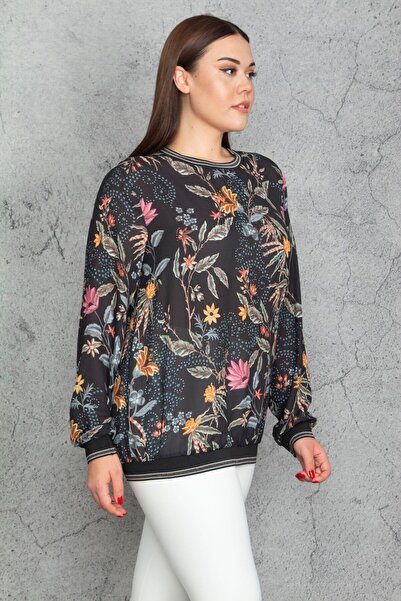 Şans Kadın Büyük Beden Siyah Sim Ribana Detaylı Şifon Bluz 65n30255