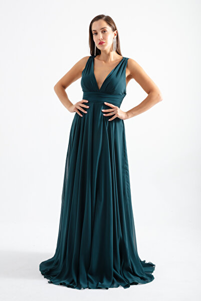 meksila kadın askılı büzgülü uzun kloş düğün davet nişan sifon elbise