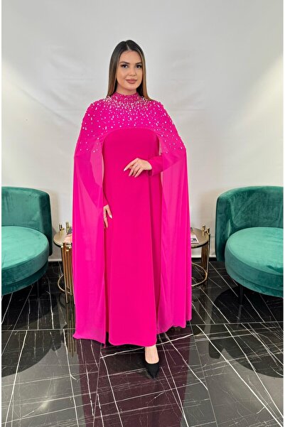 White Corner 2858 ŞİFON ÜZERİ İNCİ İŞLEMELİ ELBİSE