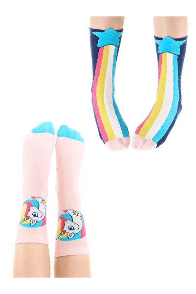 Denokids Unicorn Patterned Girl's 2-Piece Sock Set - Rainbow Star