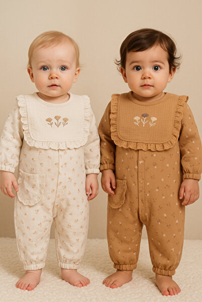 Lolons Çiçek Nakışlı Kız Bebek Tulum-Ekru