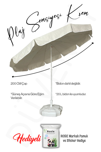 rosie Krem Plaj Şemsiyesi, 200 cm Çap, 10 telli, eğilebilir BİDONSUZ ve hediye