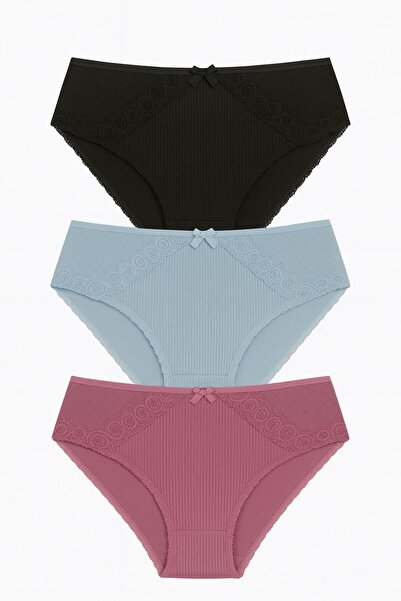 MAVİ QUMSAL Önü Dantelli Ribana Bikini 3'lü Set