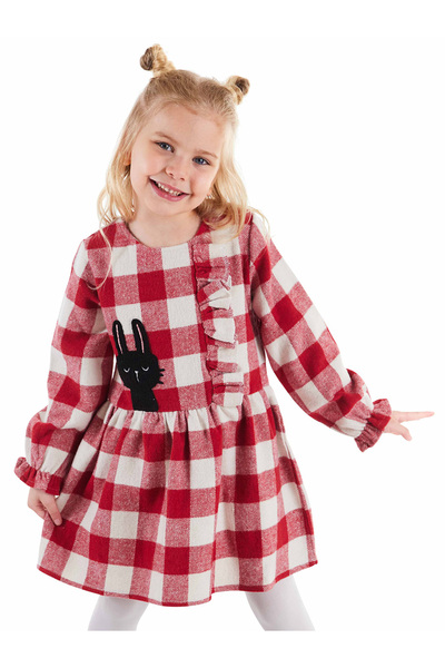 Denokids Black Rabbit Red Plaid Girls Elastic Dress with Sleeves