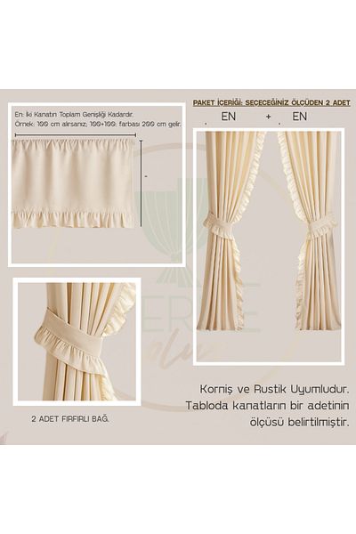 Perdeplus Ruffled Linen Curtain Set – Set of 3, Rustic & Cornice Compatible