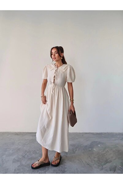 Lusin Women's Beige Stylish Baby Collar Detailed Lined Muslin Fabric Short Sleeve Summer Dress