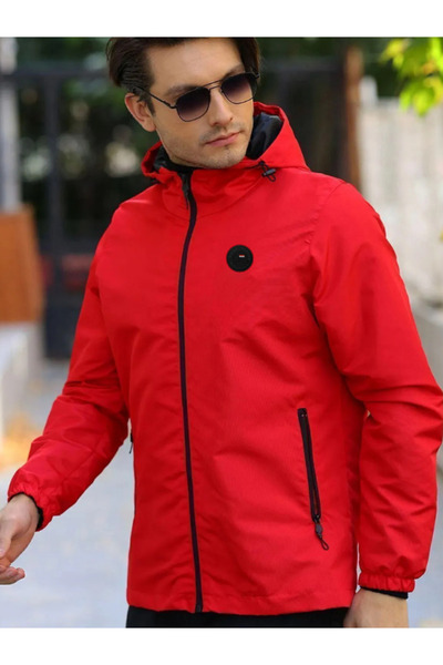 D1fference Ανδρικό αδιάβροχο με κόκκινη επένδυση με αντιανεμική κουκούλα με τσέπες