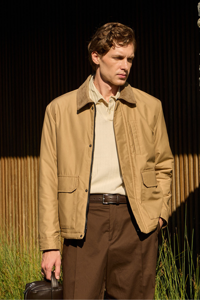 Danger Men's Contrast Collar Coat Jacket Beige