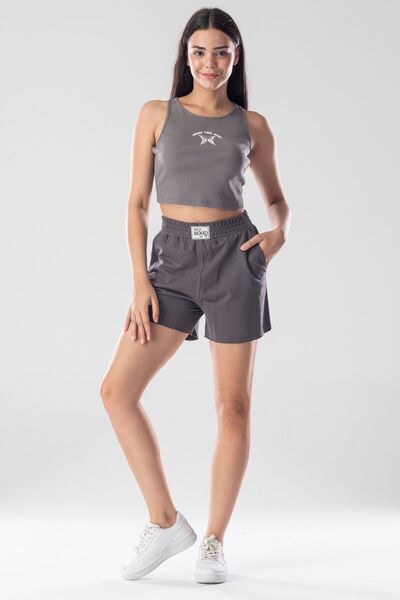 Mood Lab Halter Yaka Atlet Crop Slogan Baskılı Pamuklu Fitilli Örme Kaşkorse Likralı Top