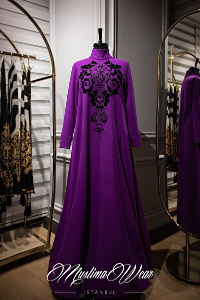 Muslima Wear Diadema Purple Çiçek Desenli Boğazlı Elbise