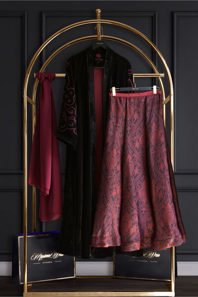 Muslima Wear Gloria Burgundy Oriental Floral and Ruby Pattern Double-Lined Silky Texture Chiffon Skirt