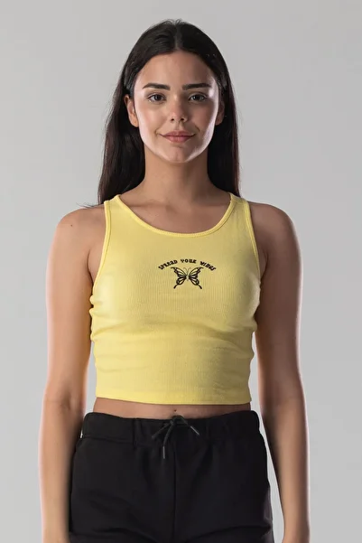 Mood Lab Halter Neck Tank Crop Slogan Printed Cotton Ribbed Knitted Camisole Lycra Top