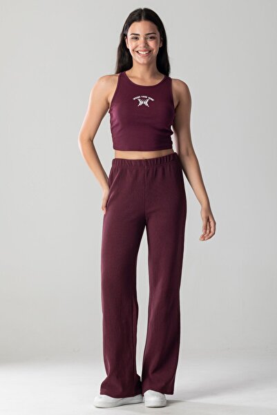 Mood Lab Halter Yaka Atlet Crop Slogan Baskılı Pamuklu Fitilli Örme Kaşkorse Likralı Top