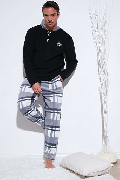 Buratti Σετ πιτζάμες χειμερινής φλις με καρό κανονική εφαρμογή με κουμπιά Crew Neck Ανδρικό ΣΕΤ ΠΙΤΖΑΜΑ 609