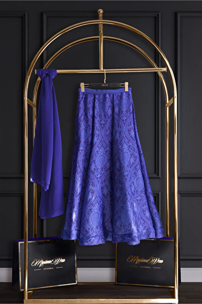 Muslima Wear Gloria Purple Saks Mid-Century Ruby Pattern Silky Textured Chiffon Skirt