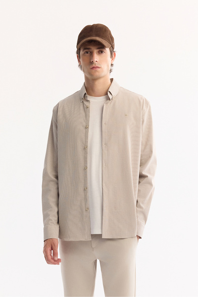 Avva Men's Beige Button Collar Seersucker Striped Slim Fit Long Sleeve Shirt A52Y2098