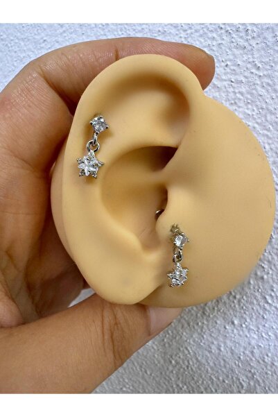Arescollection ZİRKON TAŞLI YILDIZLI ARKASI DÜZ ÖNDEN TAKMALI TRAGUS HELİX KIKIRDAK UYUMLU LABRET PİERCİNG