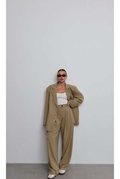 Zey Studio Kadın Camel Çift Düğme Detaylı Oversize Blazer Ceket