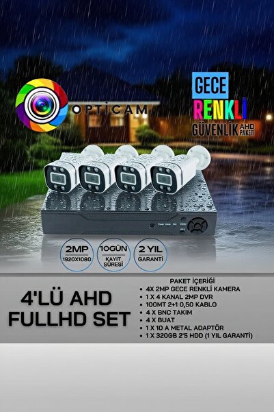Opticam 4 KAMERALI FULLHD GECE RENKLİ SU GEÇİRMEZ GÜVENLİK KAMERA SETİ 320GB ...