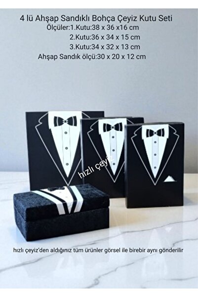 rose bride 4'lu Damat Bohça, Çeyiz Ahşap Sandıklı Ve 3 Lü Kutu Seti BATTAL BOY