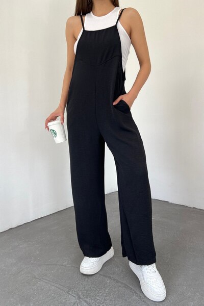 ebru akten butik Kadın Siyah Cepli Bahçıvan Tulum